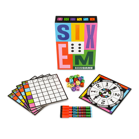 SIXEM game contents – a spinner, dice, pens and game boards