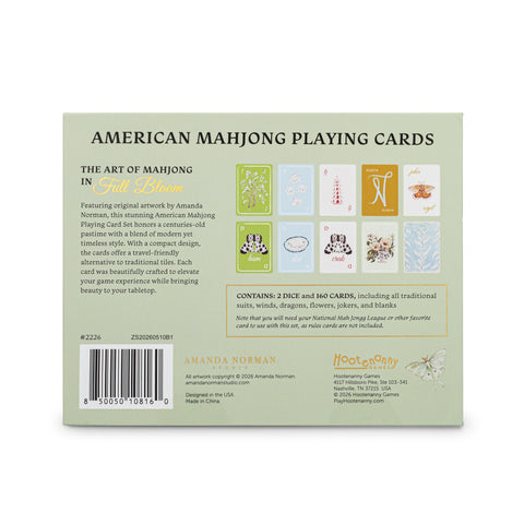 Back of the American mahjong card box featuring original Amanda Norman artwork