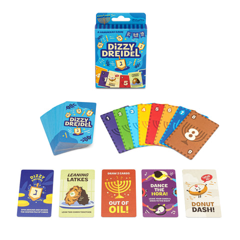 Dizzy Dreidel Hanukkah card game box with number cards and five challenge cards, on a white background.