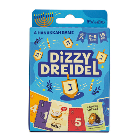 Front of the Dizzy Dreidel box, a Hanukkah card game for kids and families, ages 7+, 2-6 players.