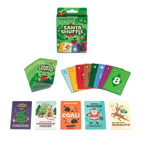 Santa Shuffle Christmas card game box with number cards and five challenge cards, on a white background.