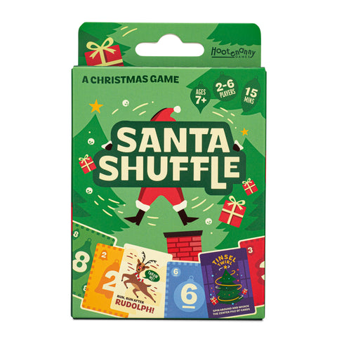 Front of the Santa Shuffle box, a Christmas card game for kids and families, ages 7+, 2-6 players.